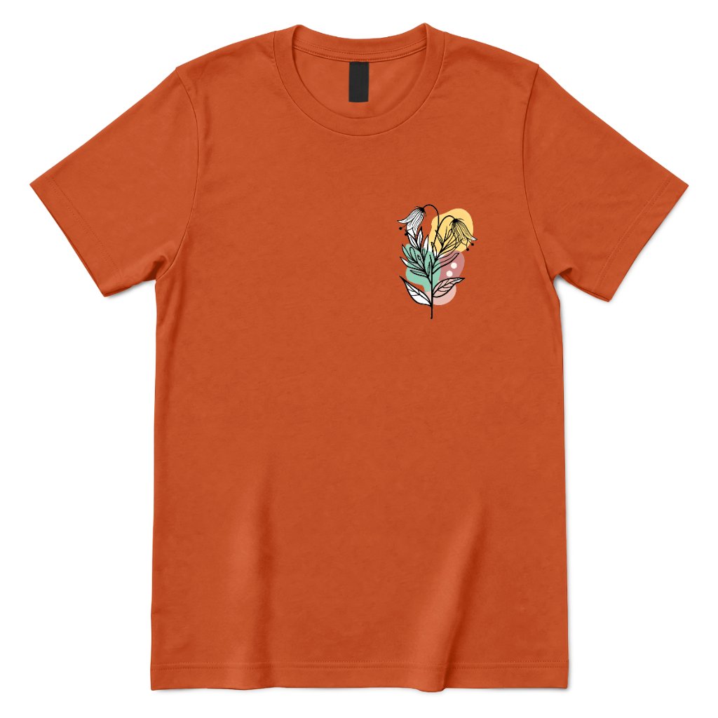 Boho Wildflower Pocket Print T‑Shirt, Minimal Floral Line Art Tee, Subtle Botanical Casual Top, Abstract Wild Flower Shirt, Soft Boho Daily Wear Tee - Texas Orange Front