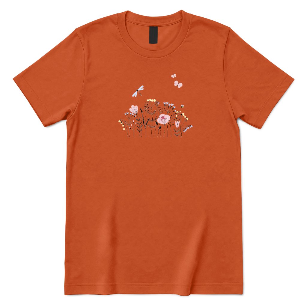 **Line Art Floral Dragonfly Bee Graphic Tee, Boho Wildflower Casual Short Sleeve Shirt** - Texas Orange Front