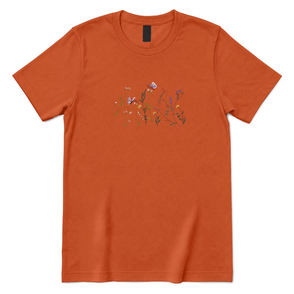 Vintage Embroidery Butterfly Wildflower Graphic Tee, Women Premium 100% Cotton Relaxed Fit Crew Neck Short Sleeve Top, Minimal Printed T‑Shirt for Street Outdoor Daily Office Casual Outfits - Texas Orange Front