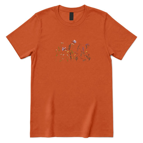 Vintage Embroidery Butterfly Wildflower Graphic Tee, Women Premium 100% Cotton Relaxed Fit Crew Neck Short Sleeve Top, Minimal Printed T‑Shirt for Street Outdoor Daily Office Casual Outfits - Texas Orange Front