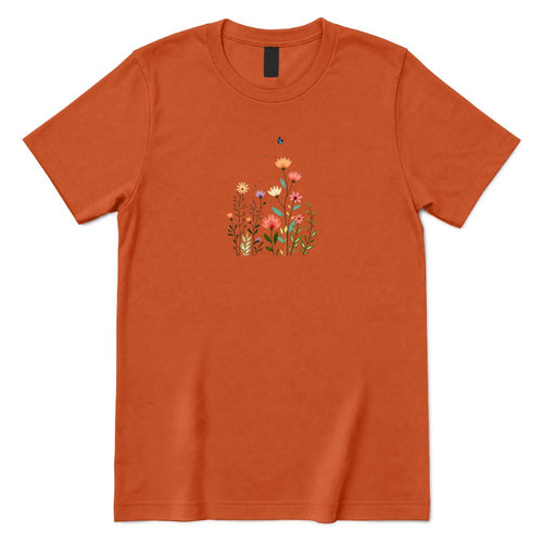Boho Wildflower Butterfly Graphic Shirt, Abstract Floral Print Casual Short Sleeve Top - Texas Orange Front