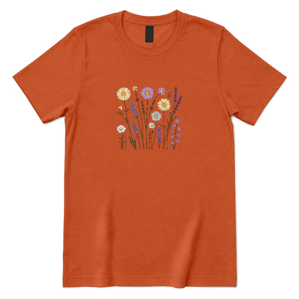 **Boho Lavender Daisy Wildflower Shirt, Abstract Floral Graphic Casual Short Sleeve Top** - Texas Orange Front