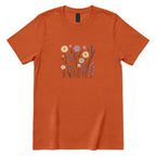 **Boho Lavender Daisy Wildflower Shirt, Abstract Floral Graphic Casual Short Sleeve Top** - Texas Orange Front