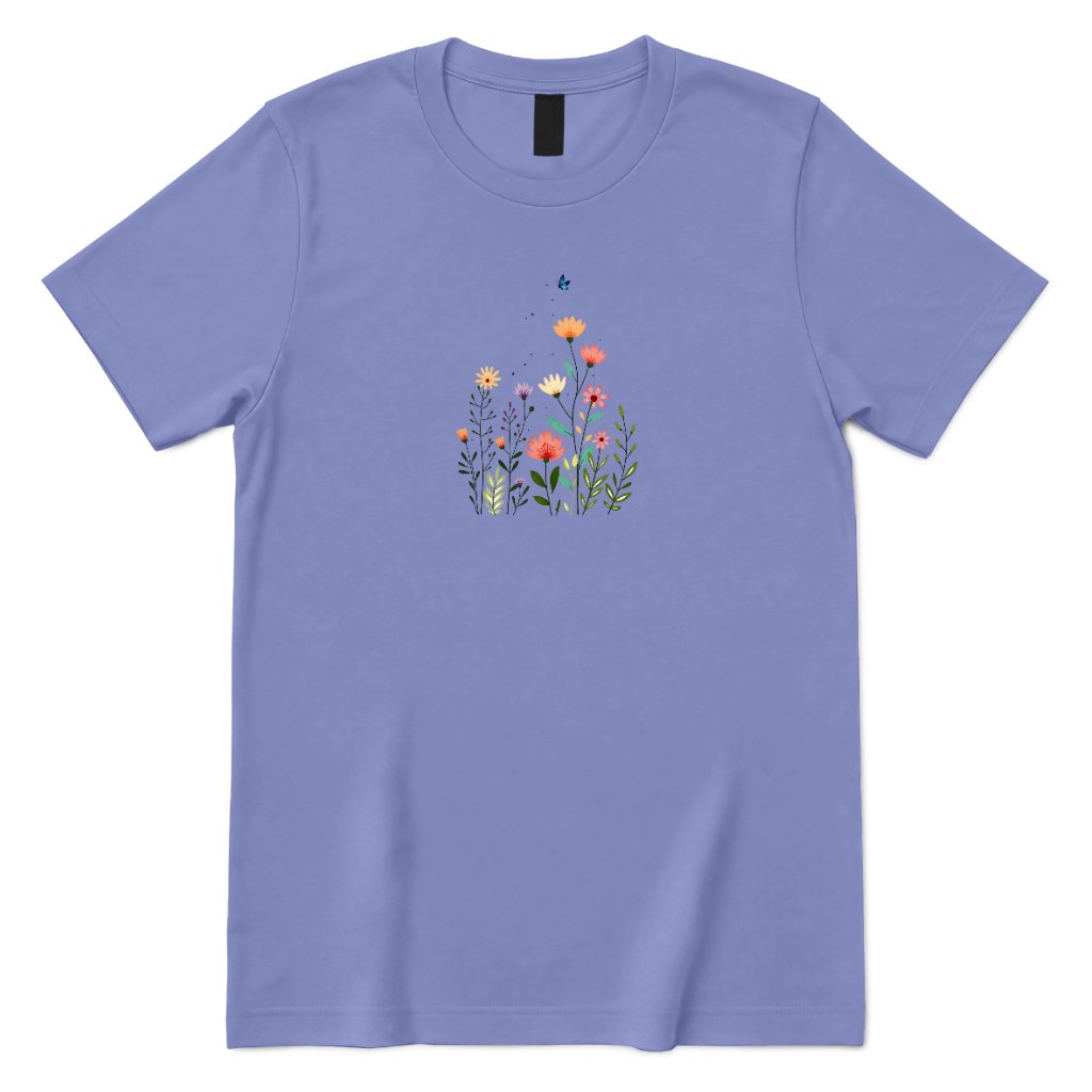 Boho Wildflower Butterfly Graphic Shirt, Abstract Floral Print Casual Short Sleeve Top - Violet Front