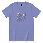 **Boho Lavender Daisy Wildflower Shirt, Abstract Floral Graphic Casual Short Sleeve Top** - Violet Front