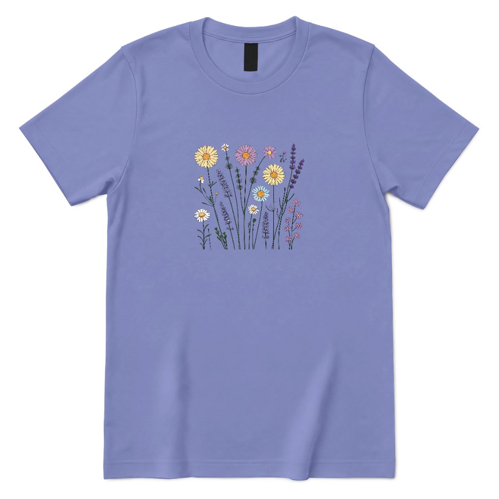 **Boho Lavender Daisy Wildflower Shirt, Abstract Floral Graphic Casual Short Sleeve Top** - Violet Front
