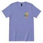 Boho Wildflower Pocket Print T‑Shirt, Minimal Floral Line Art Tee, Subtle Botanical Casual Top, Abstract Wild Flower Shirt, Soft Boho Daily Wear Tee - Violet Front