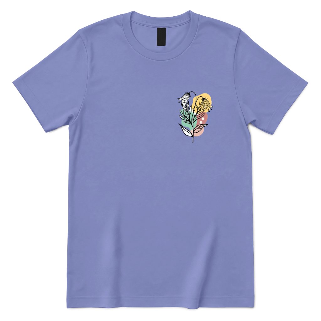 Boho Wildflower Pocket Print T‑Shirt, Minimal Floral Line Art Tee, Subtle Botanical Casual Top, Abstract Wild Flower Shirt, Soft Boho Daily Wear Tee - Violet Front