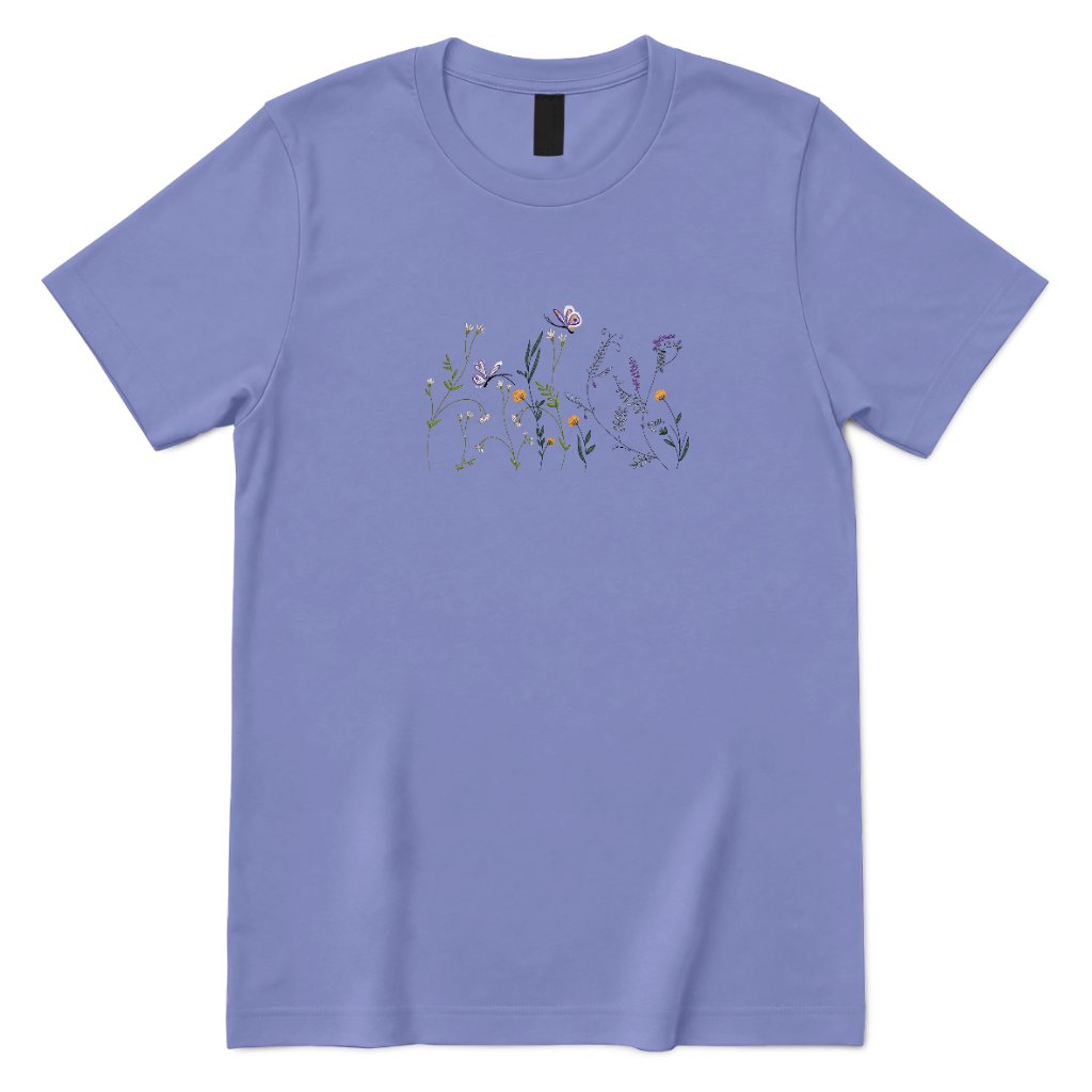 Vintage Embroidery Butterfly Wildflower Graphic Tee, Women Premium 100% Cotton Relaxed Fit Crew Neck Short Sleeve Top, Minimal Printed T‑Shirt for Street Outdoor Daily Office Casual Outfits - Violet Front