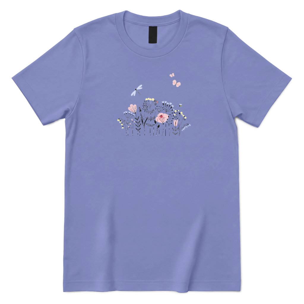 **Line Art Floral Dragonfly Bee Graphic Tee, Boho Wildflower Casual Short Sleeve Shirt** - Violet Front