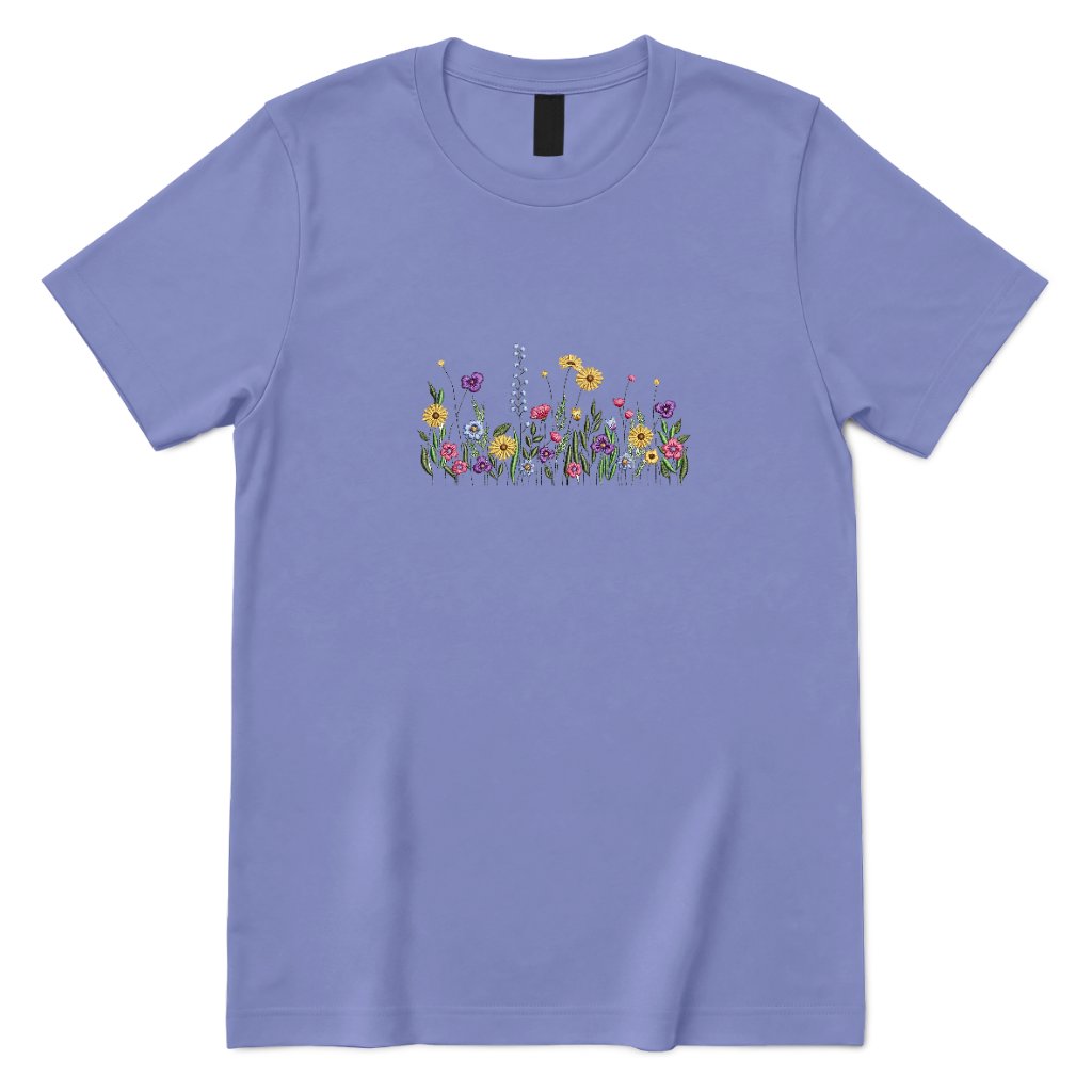 **Vintage Meadow Wildflower Graphic Tee, Boho Floral Print Casual Short Sleeve Shirt** - Violet Front