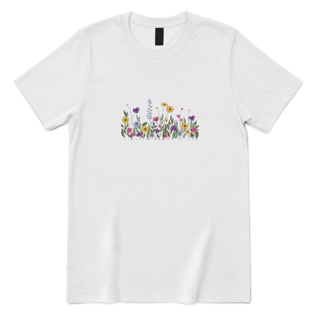 **Vintage Meadow Wildflower Graphic Tee, Boho Floral Print Casual Short Sleeve Shirt** - White Front