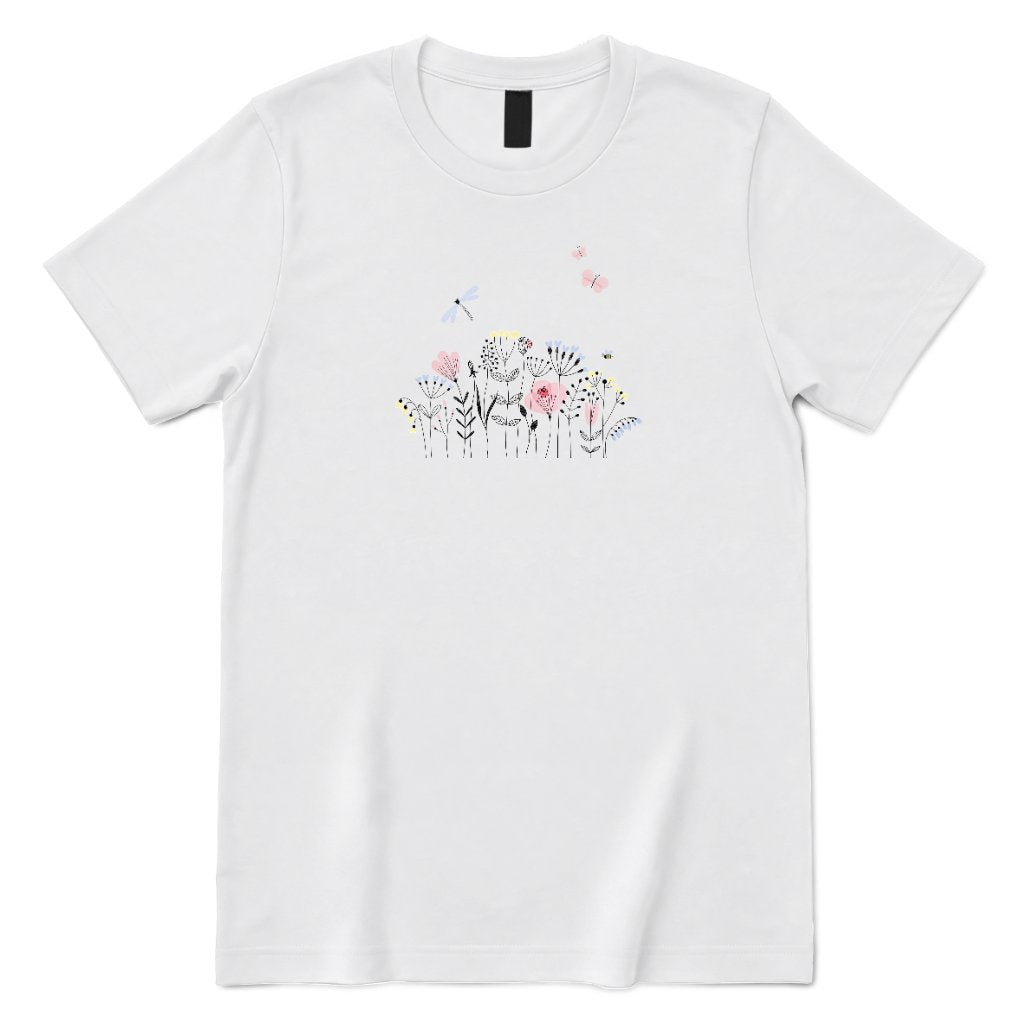 **Line Art Floral Dragonfly Bee Graphic Tee, Boho Wildflower Casual Short Sleeve Shirt** - White Front