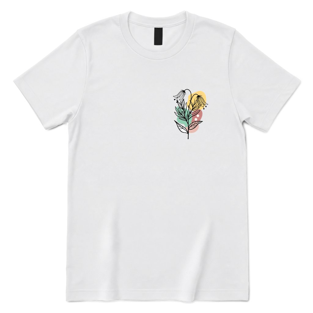 Boho Wildflower Pocket Print T‑Shirt, Minimal Floral Line Art Tee, Subtle Botanical Casual Top, Abstract Wild Flower Shirt, Soft Boho Daily Wear Tee - White Front