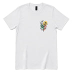 Boho Wildflower Pocket Print T‑Shirt, Minimal Floral Line Art Tee, Subtle Botanical Casual Top, Abstract Wild Flower Shirt, Soft Boho Daily Wear Tee - White Front