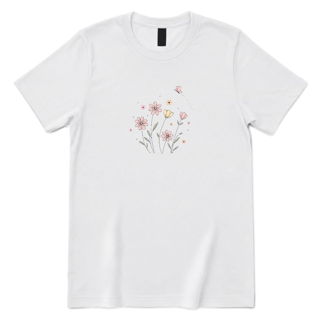 Soft Pastel Pink Floral Butterfly Graphic Tee - White Front