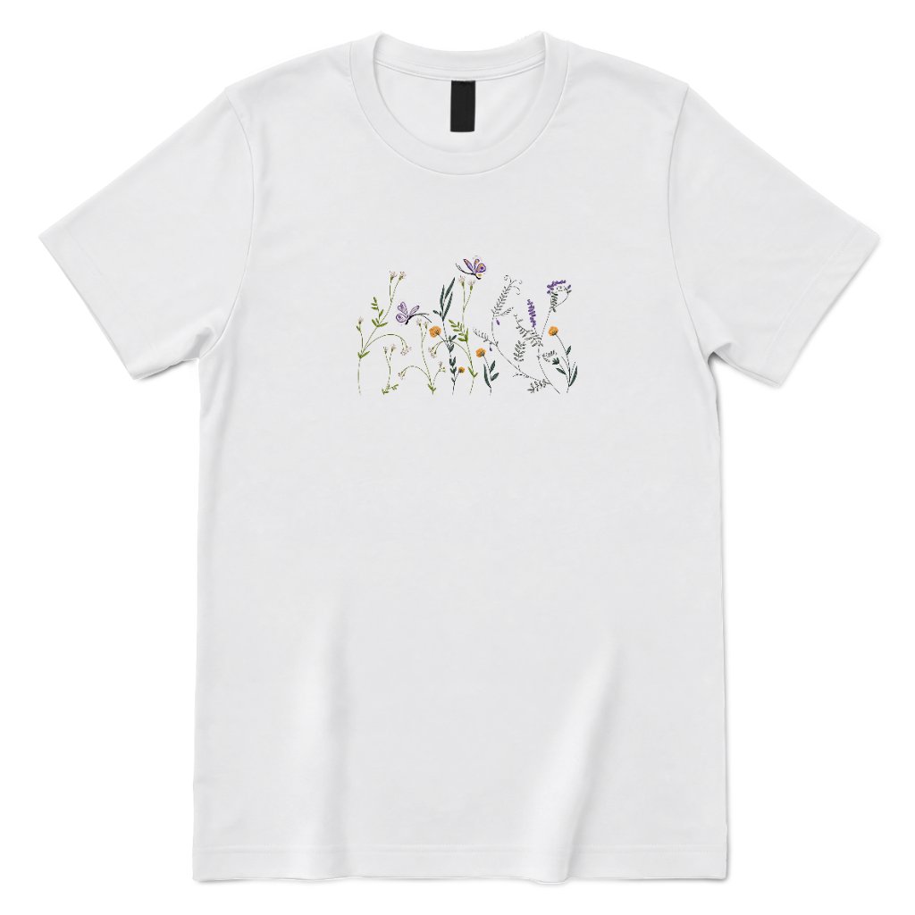 Vintage Embroidery Butterfly Wildflower Graphic Tee, Women Premium 100% Cotton Relaxed Fit Crew Neck Short Sleeve Top, Minimal Printed T‑Shirt for Street Outdoor Daily Office Casual Outfits - White Front