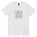**Boho Lavender Daisy Wildflower Shirt, Abstract Floral Graphic Casual Short Sleeve Top** - White Front