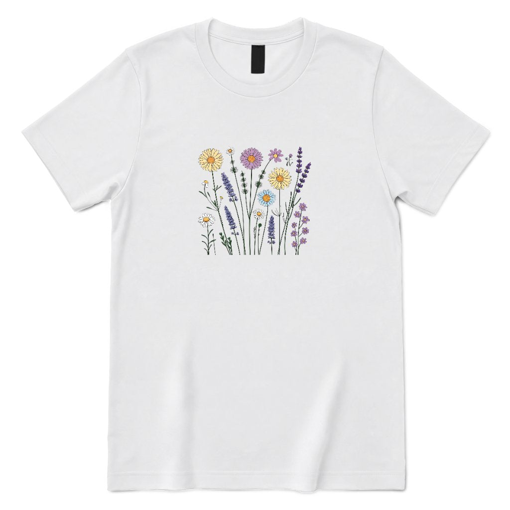 **Boho Lavender Daisy Wildflower Shirt, Abstract Floral Graphic Casual Short Sleeve Top** - White Front