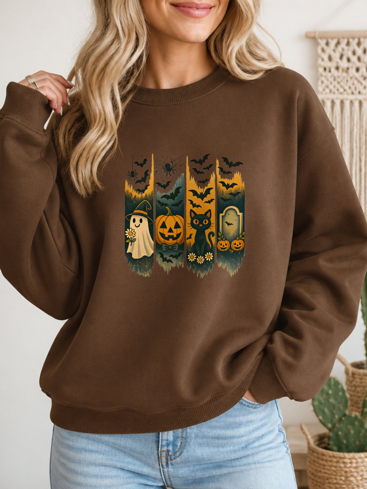 Retro Boho Daisy Spooky Season Sweatshirt - Hanes_Army_Brown Model