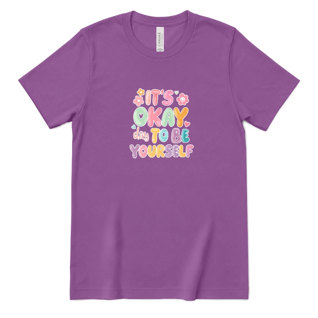 Retro Bubble Letter Positive Tee, Self Acceptance Graphic T‑Shirt, Mental Health Awareness, Be Kind To Yourself Top - Royal Purple Front