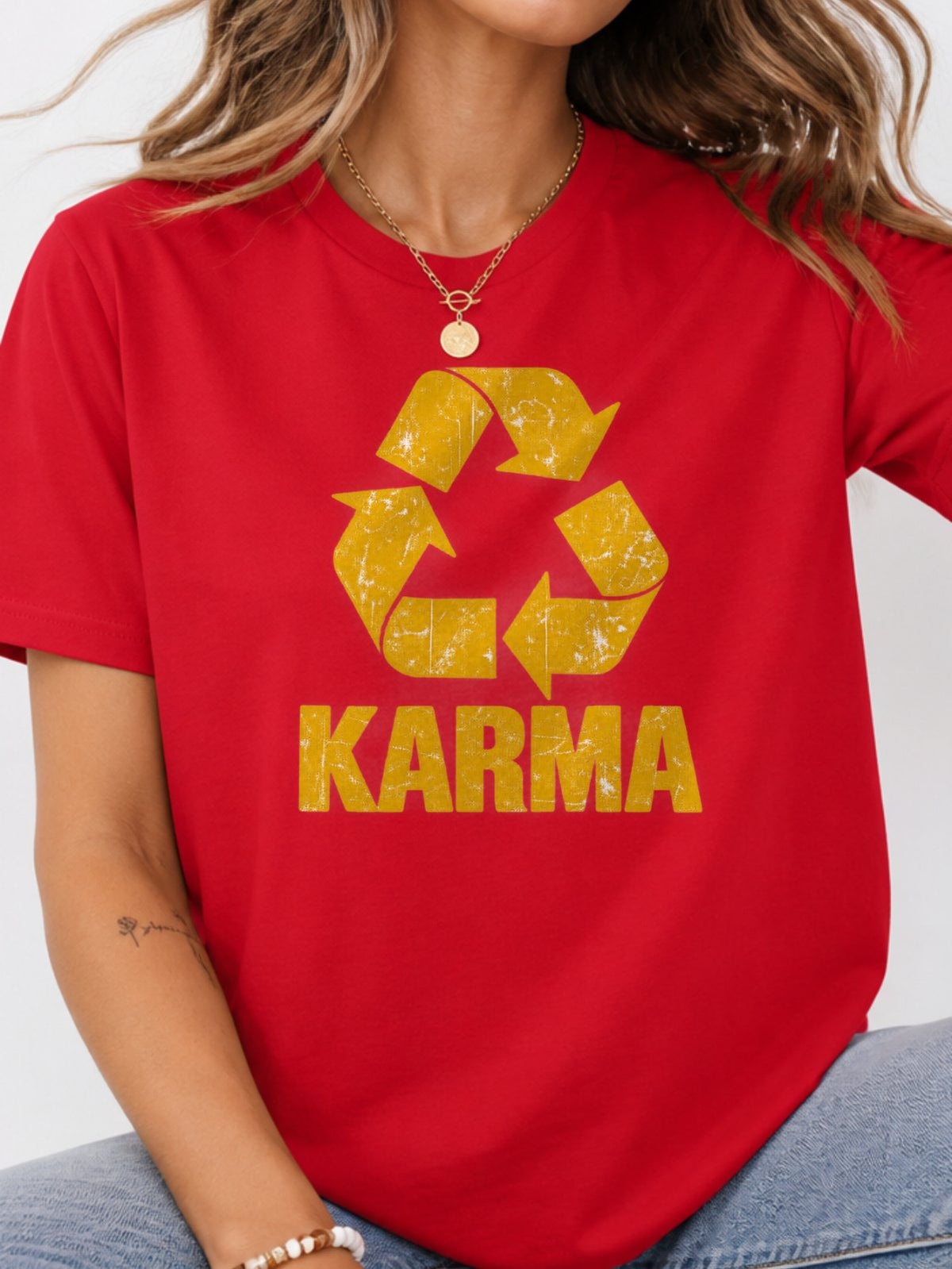 Karma Recycle Symbol Distressed Graphic T-Shirt - Red Model