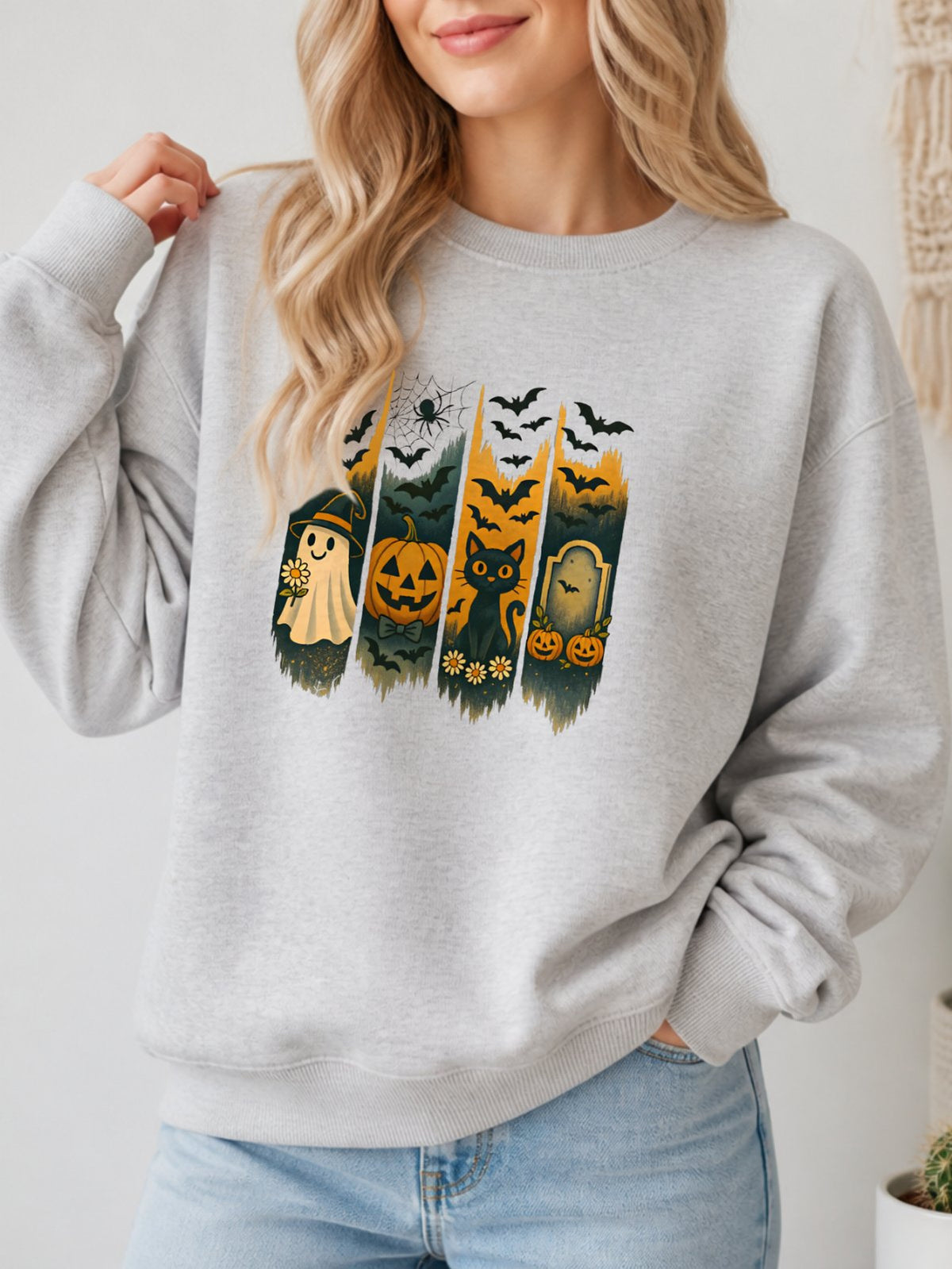 Retro Boho Daisy Spooky Season Sweatshirt - Hanes_Ash Model