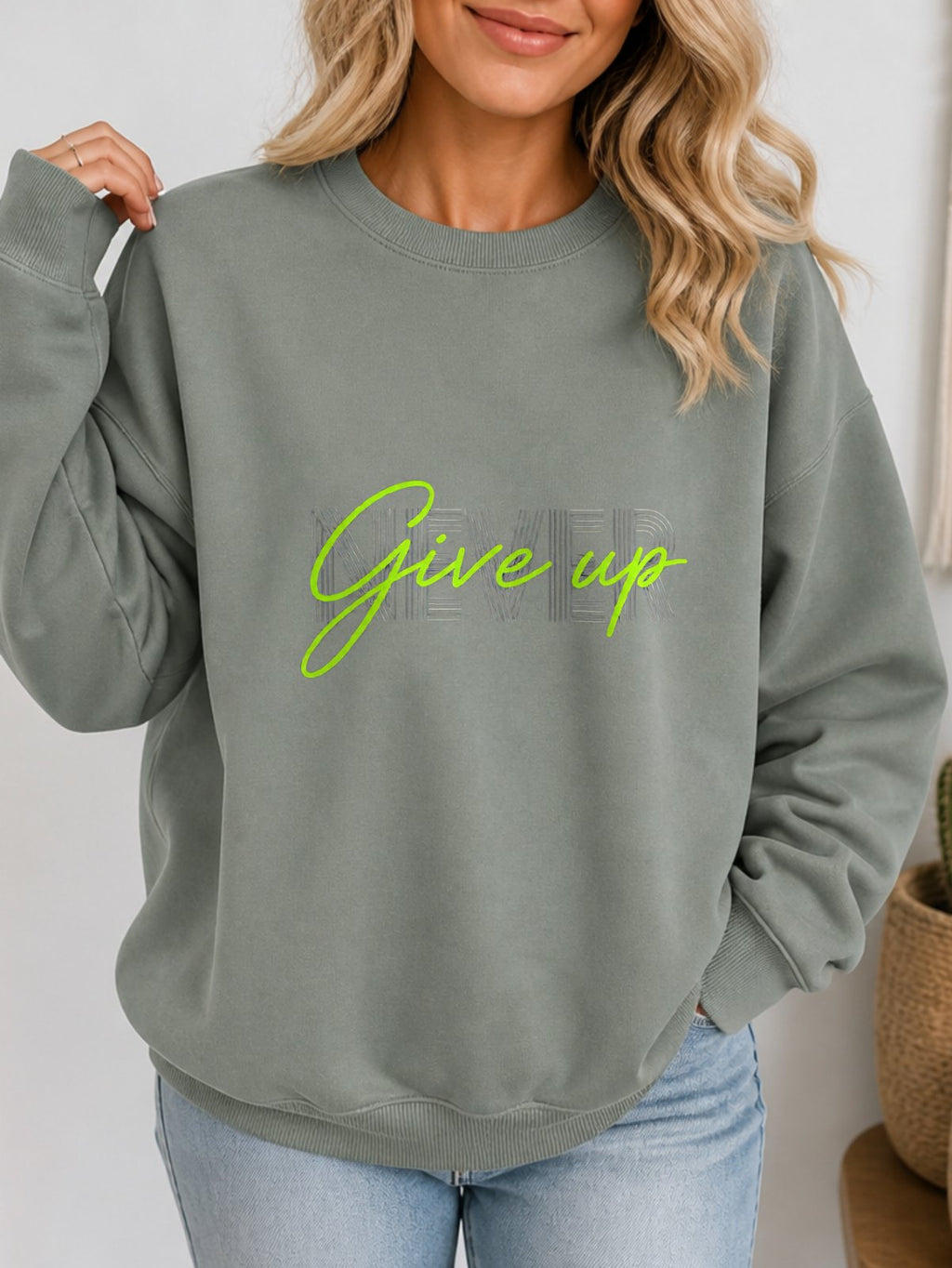 Never Give Up Vintage Boho Graphic Sweatshirt - Hanes_Stonewashed_Green Model